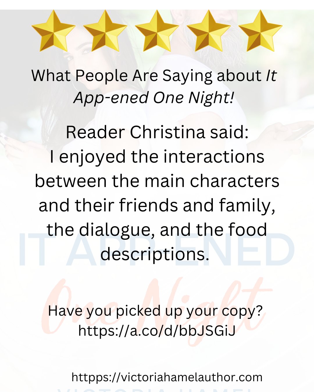 Happy Sunday! Have you read "It App-ened One Night"? If you liked it please be like Christina and give it some stars and/or a review on Amazon or Goodreads! Reviews help others to see my books! 
#indieauthorsupport #indieromance #steamysmalltownromance #steamysmalltownnromancebooks #indieromancebooks #spicyreads, #spicysmalltownromance #smalltownromance